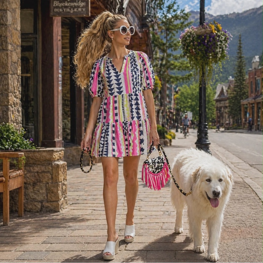 NWT MED Velvet by Graham & Spencer “Danica Neon” Jacquard Tiered Boho Mini Dress - Picture 3 of 10